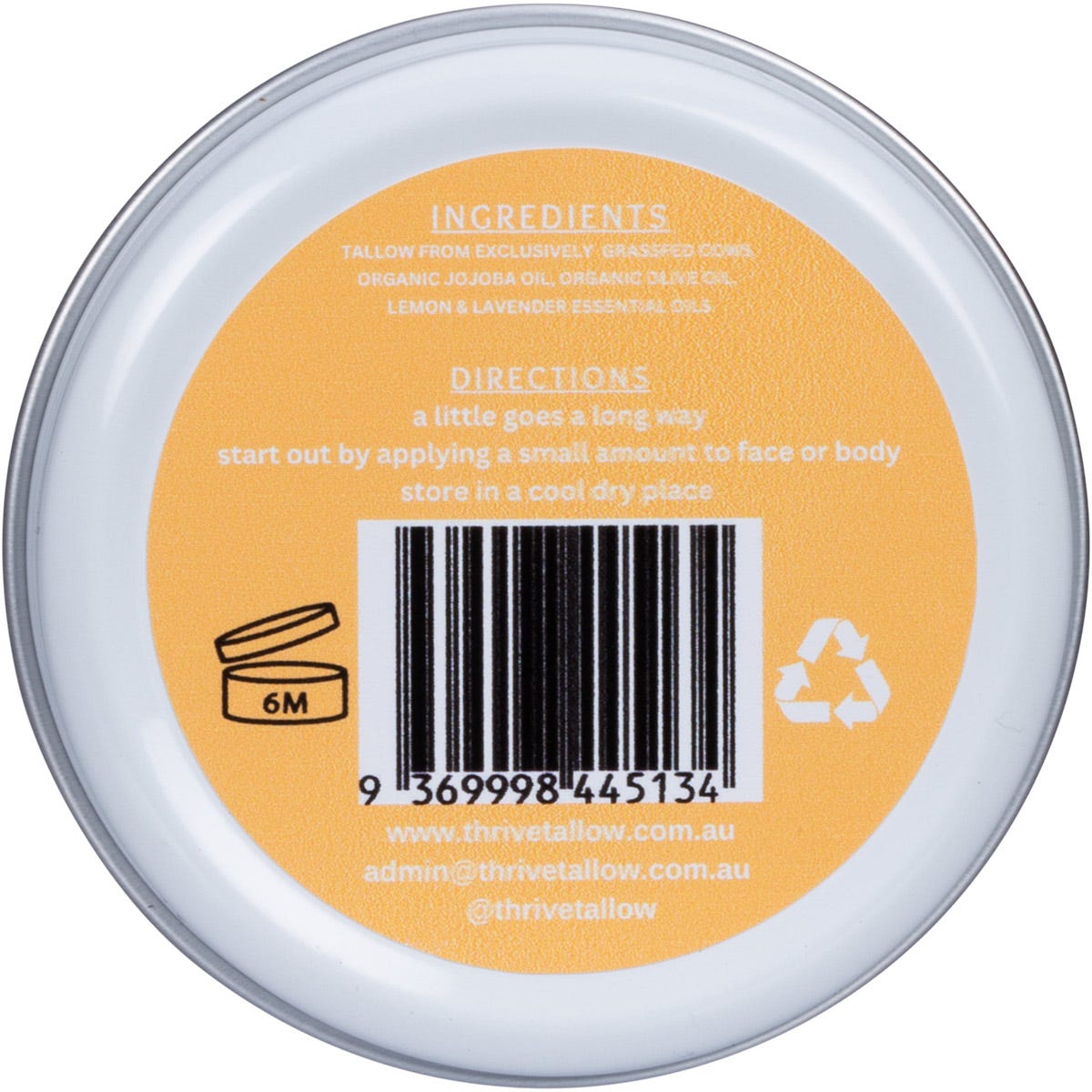 Back of Thrive Tallow Original Tallow Balm 70ml jar with ingredients, benefits, and botanical illustrations.