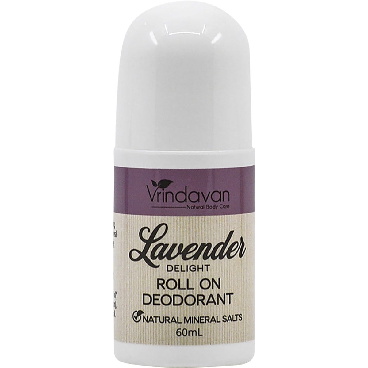 Vrindavan Lavender Delight 60ml roll-on deodorant bottle with purple and white labeling on a white background.
