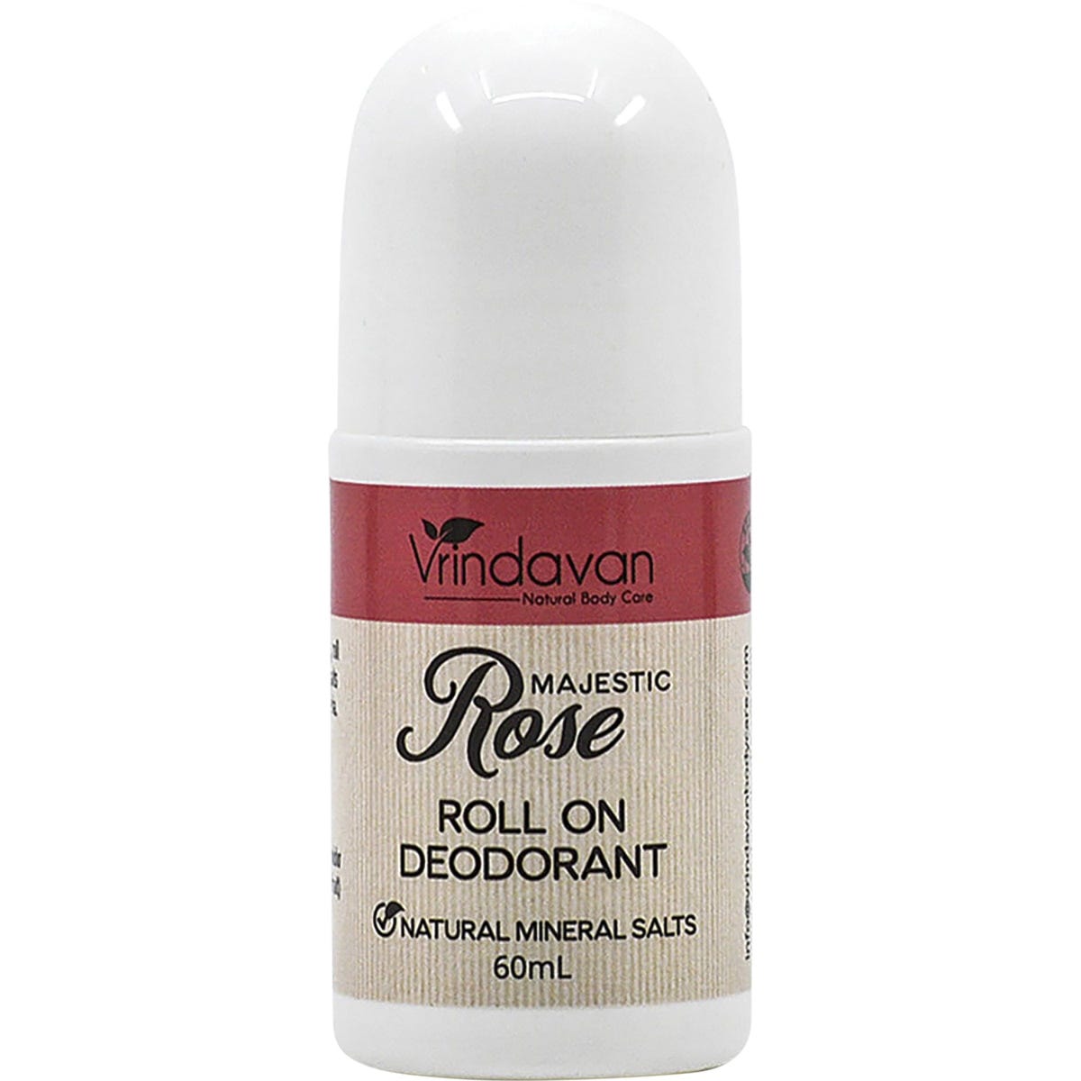 60ml Vrindavan Majestic Rose roll-on deodorant bottle with a pink rose label and white cap on a white background.