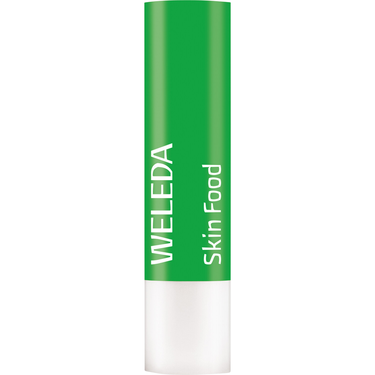 Weleda Skin Food Lip Balm stick with botanical illustrations of pansy and chamomile on a green and white tube.