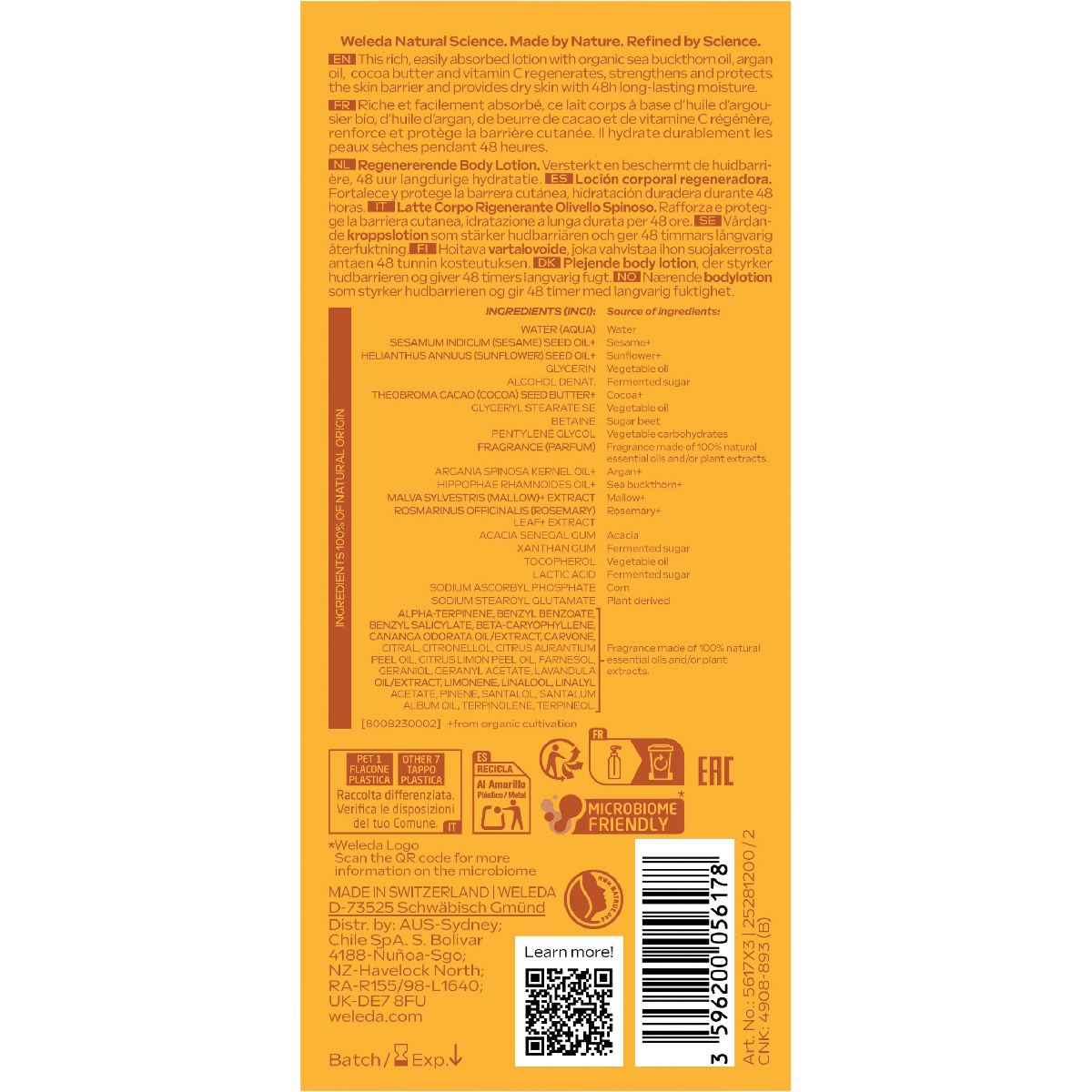 Back of Weleda Sea Buckthorn Body Lotion bottle with ingredients, product benefits, and application instructions.