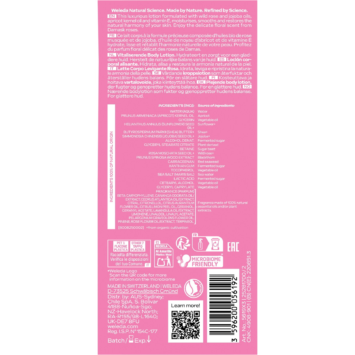 Pink label with text and QR code on a white background
