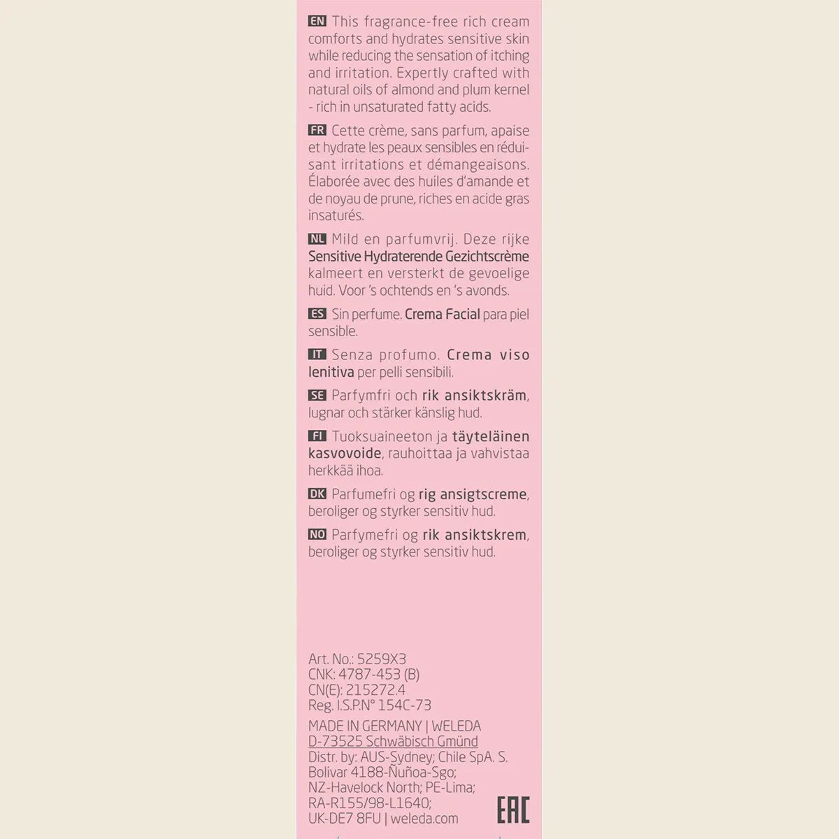 Back of Weleda Sensitive Soothing Moisturiser Light box with nutrition facts, ingredients, and usage instructions.
