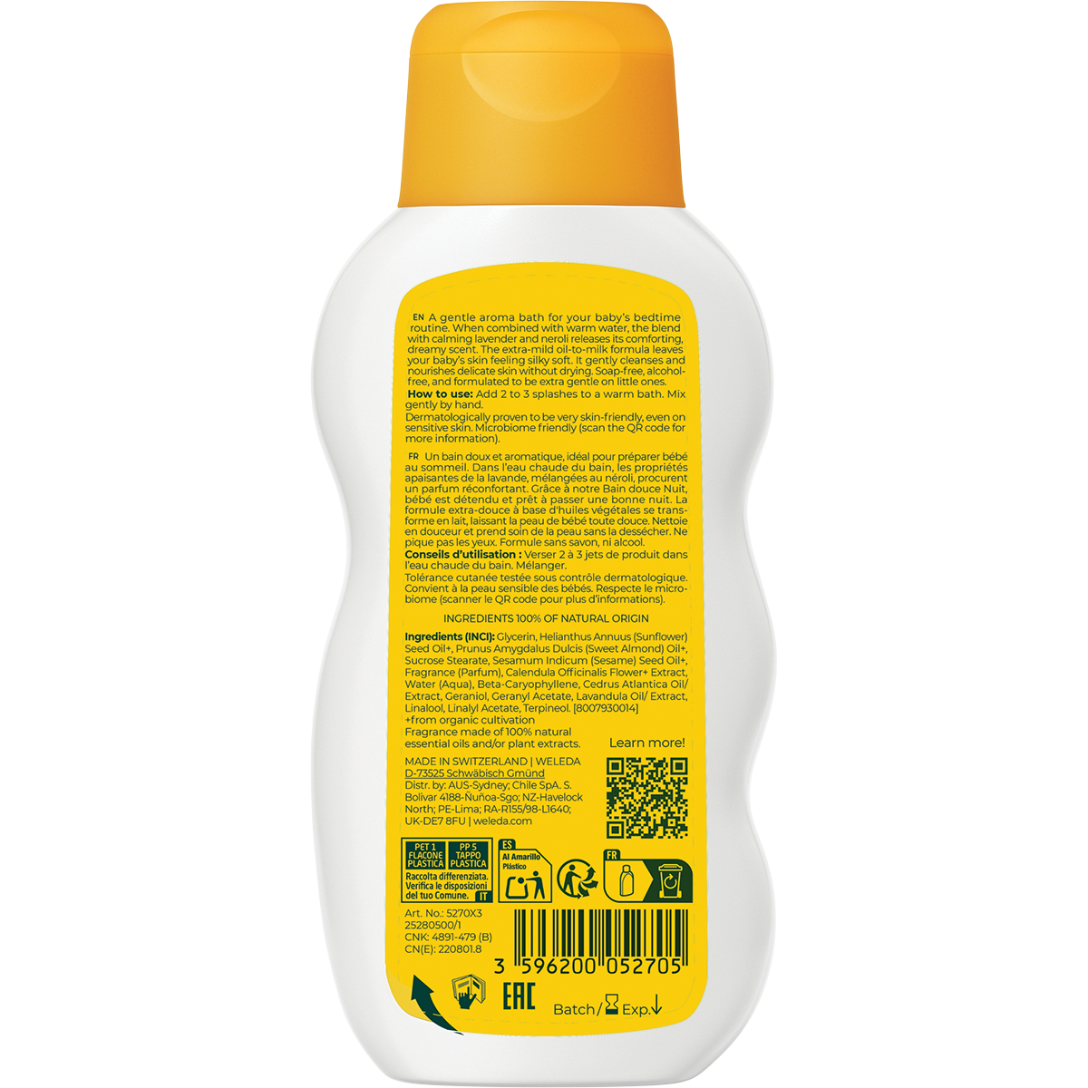 Back of orange Weleda baby bath bottle showing detailed product information, ingredients list, and barcode.