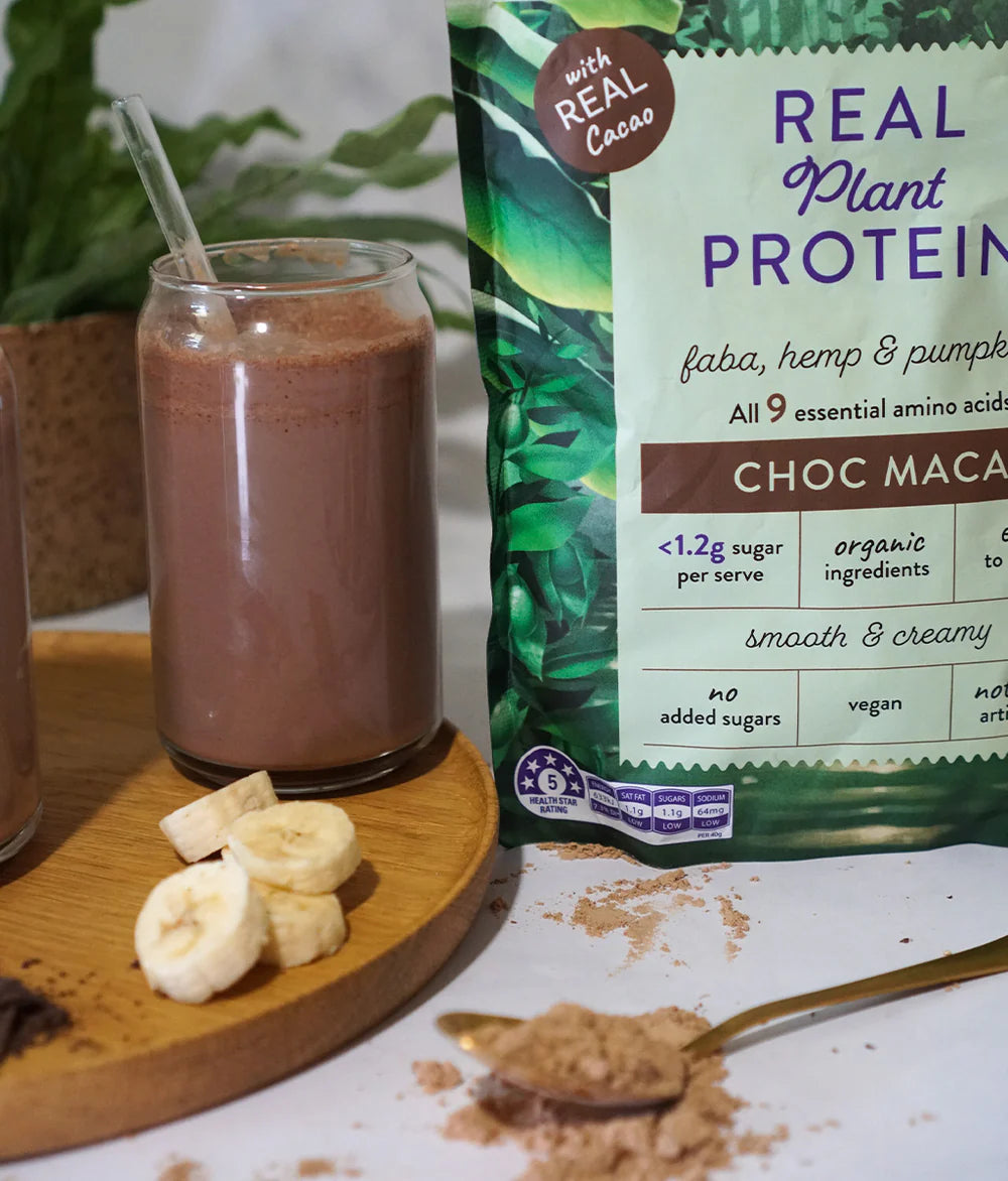 400g tub of Power Super Foods Real Plant Protein Choc Maca with a chocolate and superfood illustration on the front label.