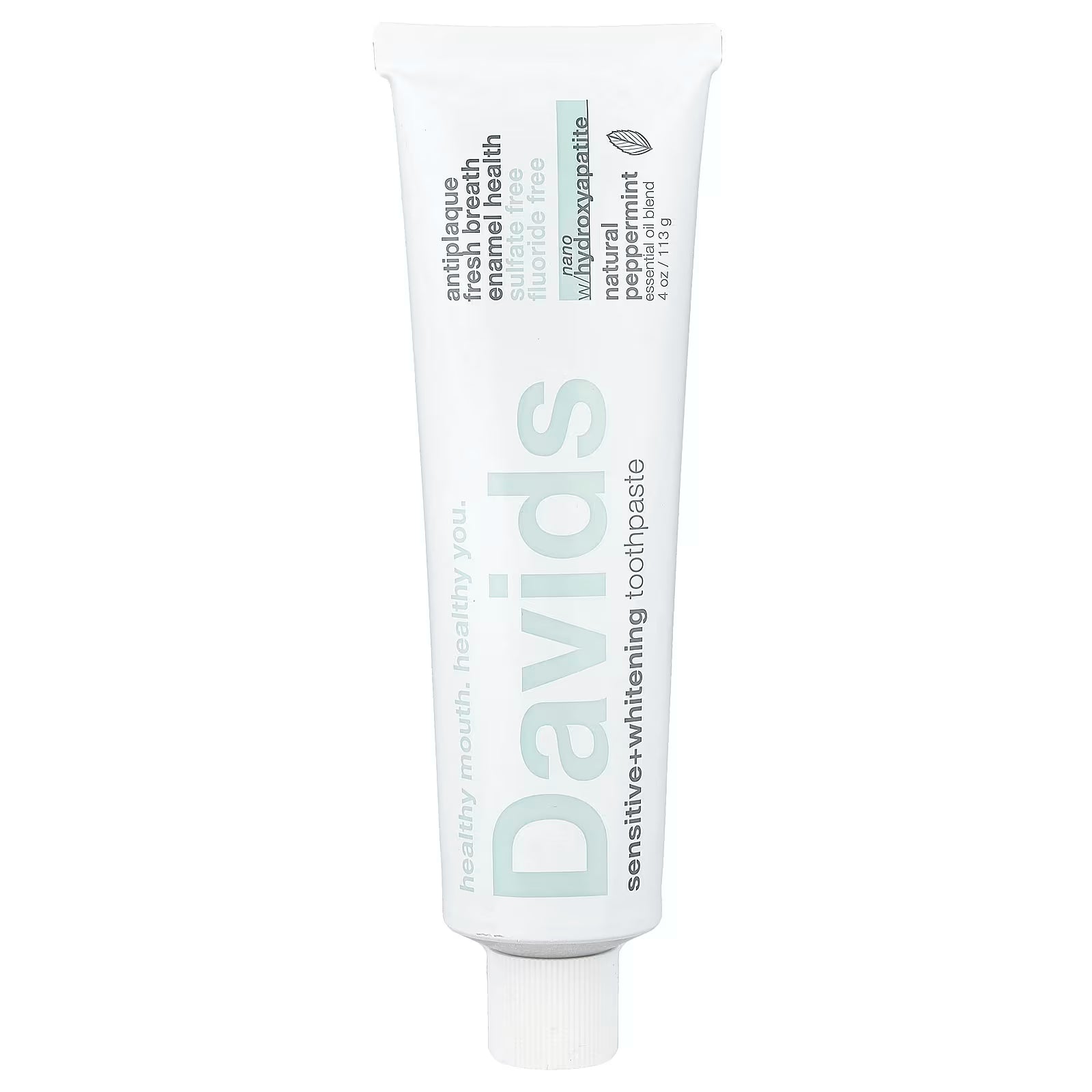 Davids silver metal tube roller key being used to squeeze a peppermint toothpaste tube on a white background.