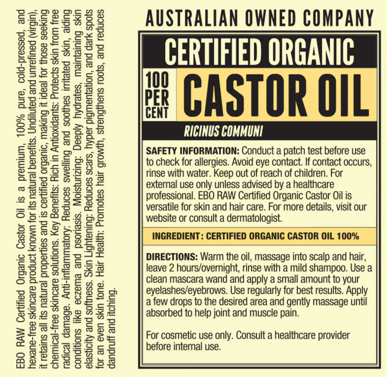 200ml amber glass bottle of Every Bit Organic Castor Oil with a white label and black cap.