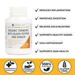 Infographic showing 120 organic turmeric capsules with black pepper and ginger benefits for joint and digestive health.
