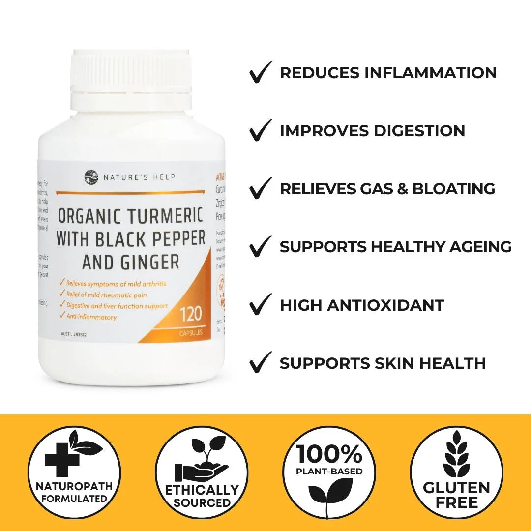 Infographic showing 120 organic turmeric capsules with black pepper and ginger benefits for joint and digestive health.