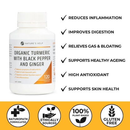 3 x Nature's Help Organic Turmeric with Black Pepper Ginger 120 Caps