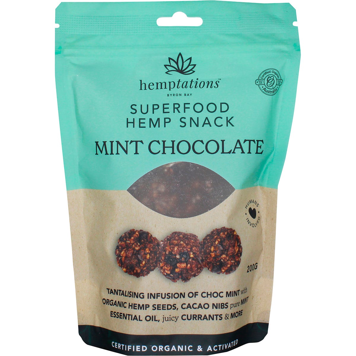 200g bag of 2die4 Live Foods Hemptations Mint Chocolate superfood hemp snack on a white background.