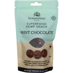 80g bag of 2die4 Live Foods Hemptations Superfood Hemp Snack in Mint Chocolate flavor with botanical graphics.
