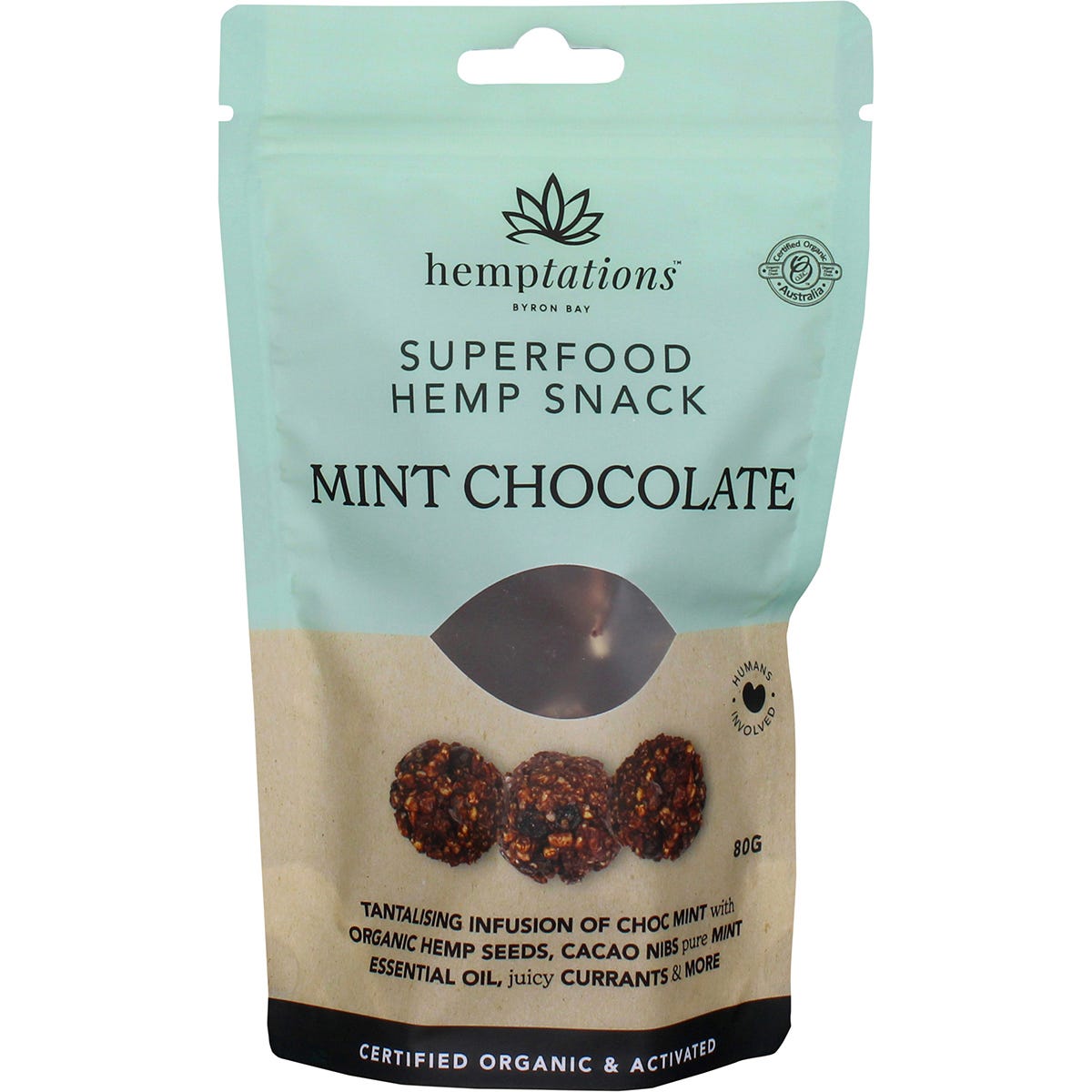 80g bag of 2die4 Live Foods Hemptations Superfood Hemp Snack in Mint Chocolate flavor with botanical graphics.