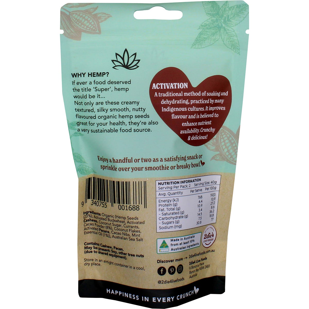 Back of 2die4 Mint Chocolate Hemptations 80g bag showing nutritional facts and organic ingredients list.