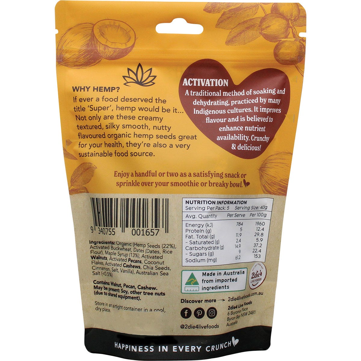 200g bag of 2die4 Hemptations Salted Maple snack with organic hemp seeds and activated nuts on a white background.