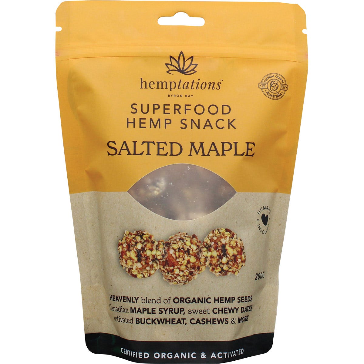 200g bag of 2die4 Live Foods Hemptations Salted Maple hemp snack featuring organic seeds and activated nuts.