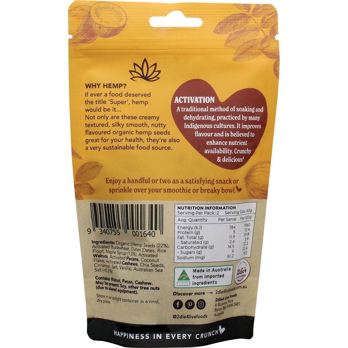 Back of 2die4 Live Foods Hemptations Salted Maple 80g bag showing nutritional facts and organic ingredients.