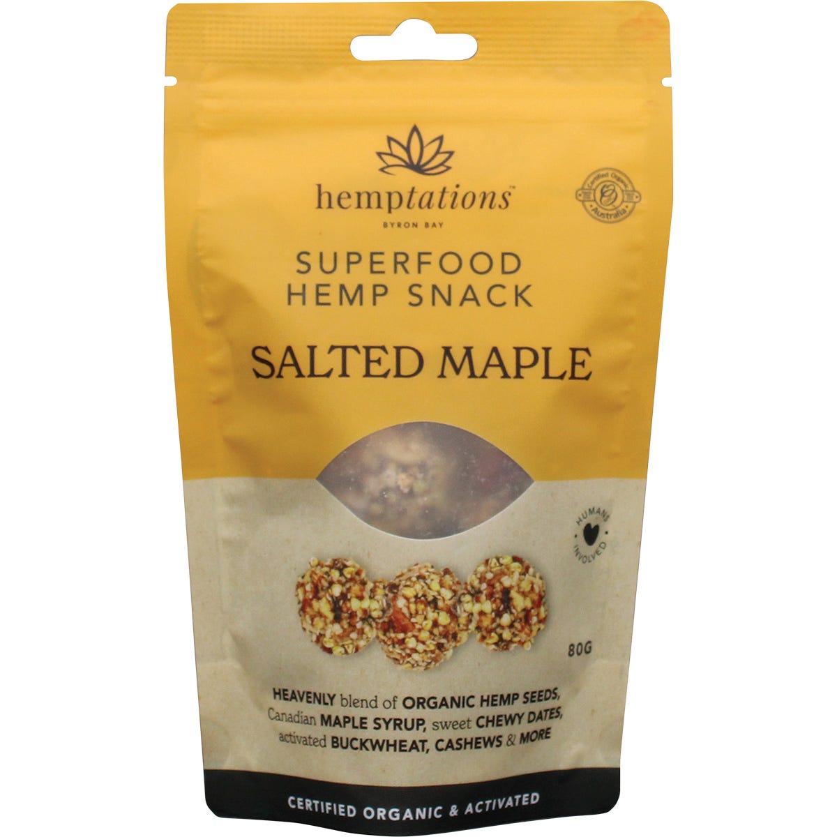 80g bag of 2die4 Live Foods Hemptations Salted Maple snack with organic hemp seeds and activated nuts.