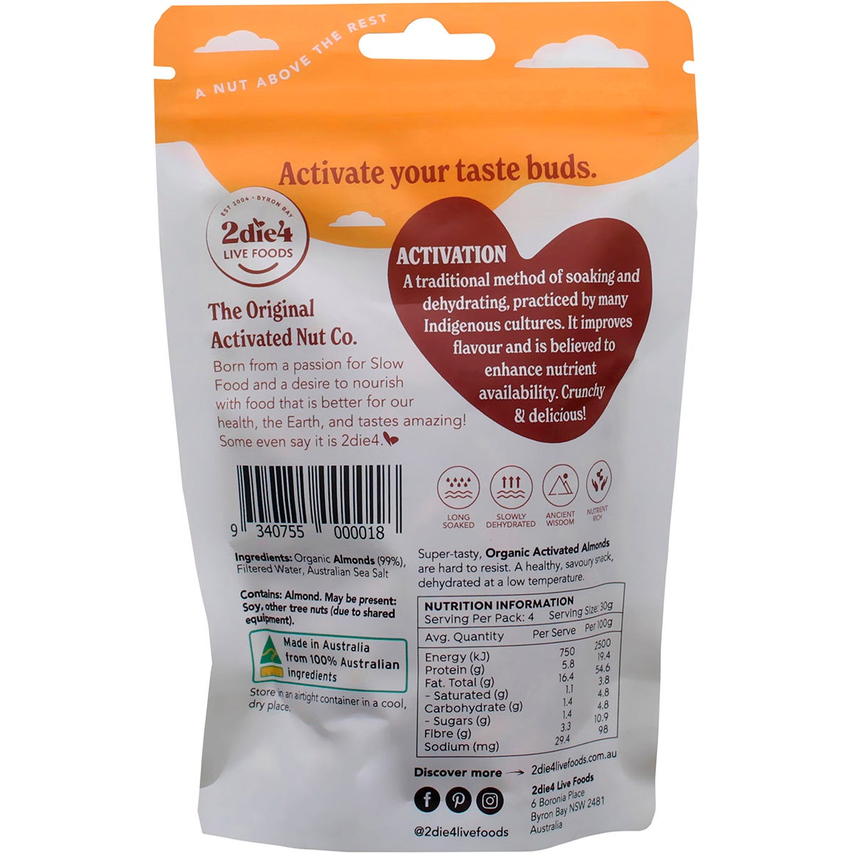 2die4 Live Foods 120g bag of Organic Activated Almonds on a white background.