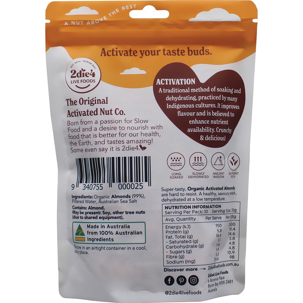 300g bag of 2die4 Live Foods Organic Activated Almonds showing nutritional facts and ingredients.