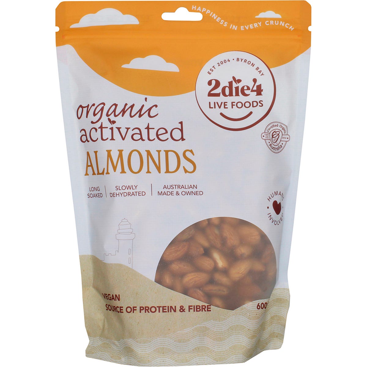 600g bag of 2die4 Live Foods Organic Activated Almonds on a white background.