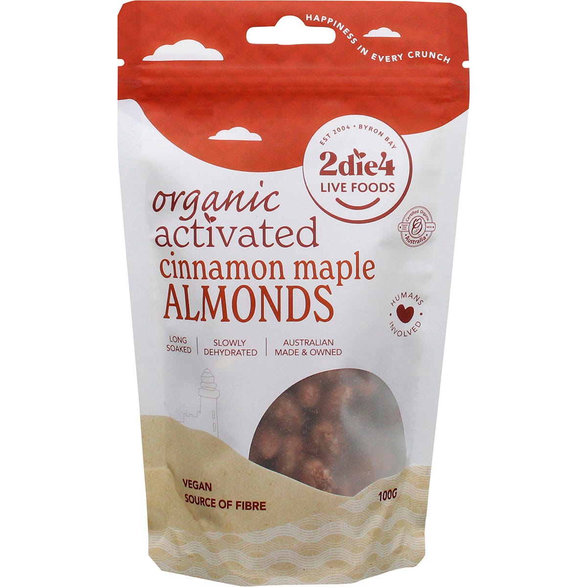 100g bag of 2die4 Live Foods Organic Activated Almonds with cinnamon and maple coating on a white background.
