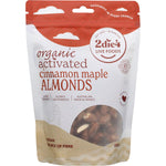 250g bag of 2die4 Live Foods Organic Activated Almonds with cinnamon and maple coating on a white background.