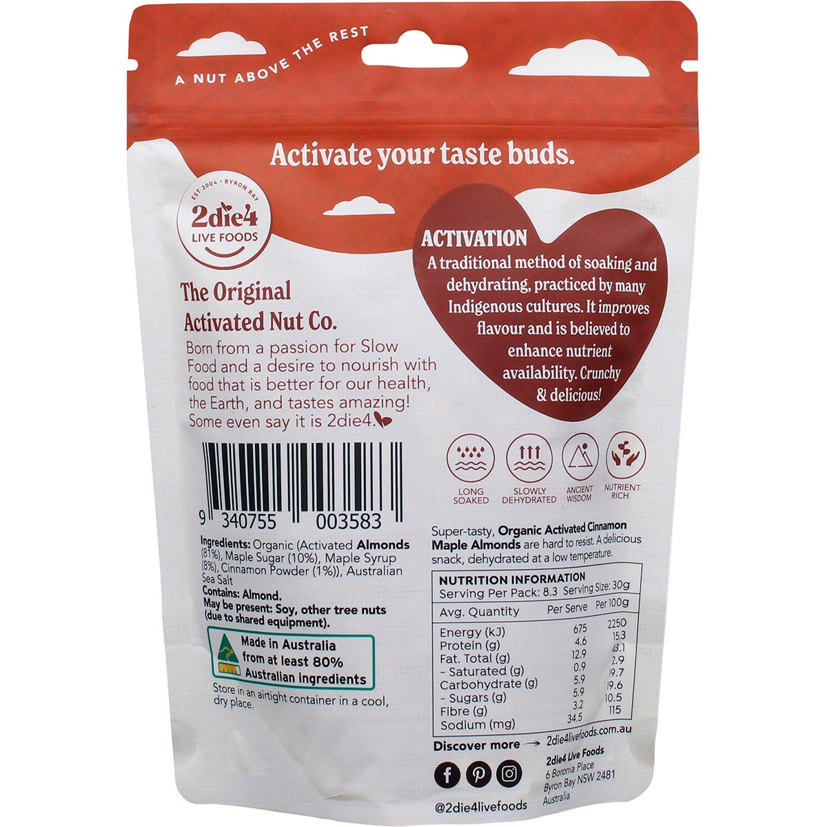 250g bag of 2die4 Live Foods Organic Activated Cinnamon Maple Almonds on a plain white background.