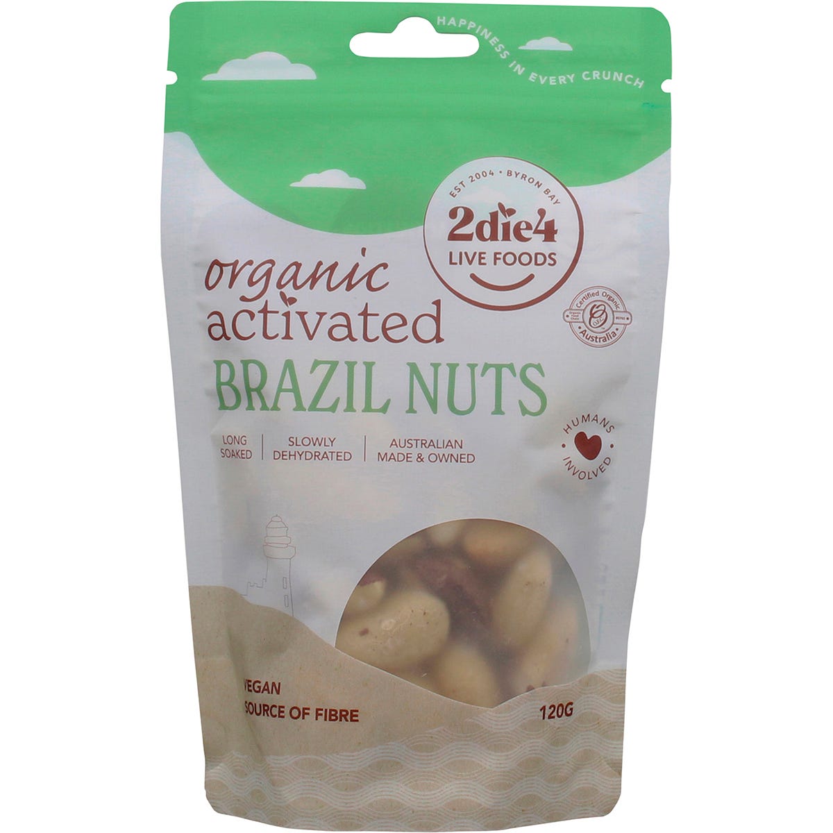 120g bag of 2die4 Live Foods Organic Activated Brazil Nuts on a white background.