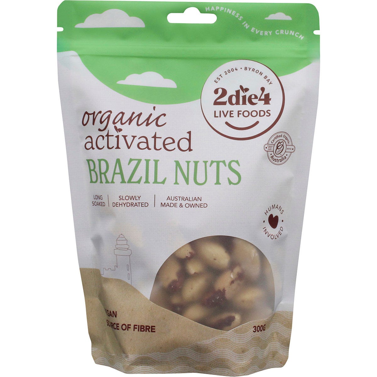 300g pouch of 2die4 Live Foods Organic Activated Brazil Nuts on a white background.