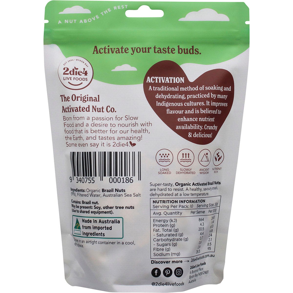 300g bag of 2die4 Live Foods Organic Activated Brazil Nuts showing the back of the packaging with nutritional information.