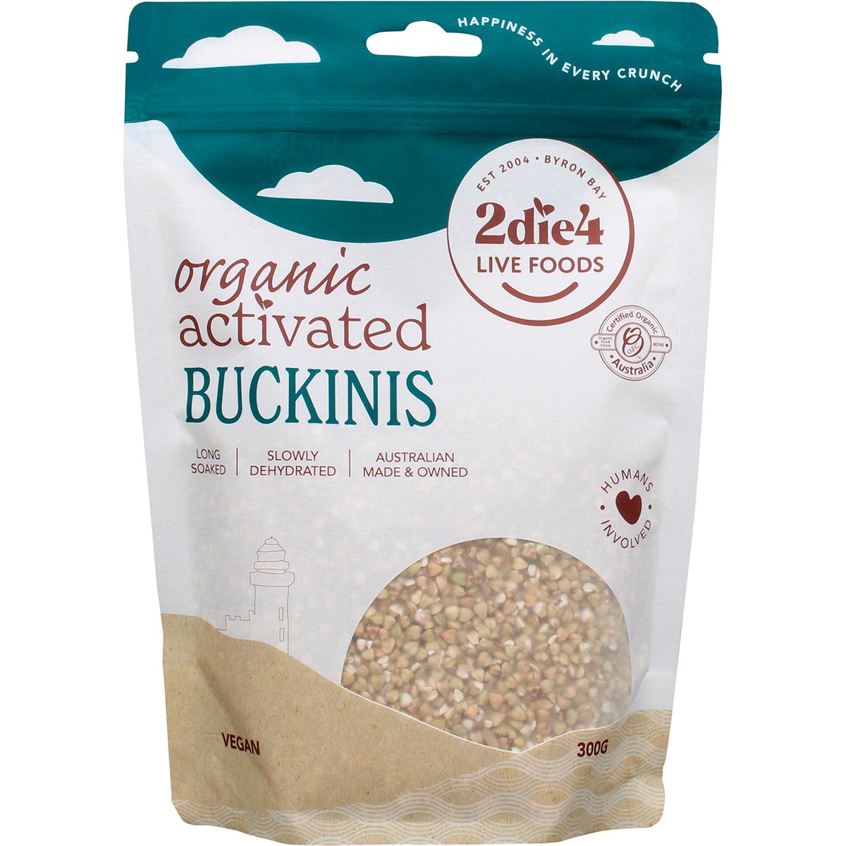 300g bag of 2die4 Live Foods Organic Activated Buckinis on a white background with a clear product label.