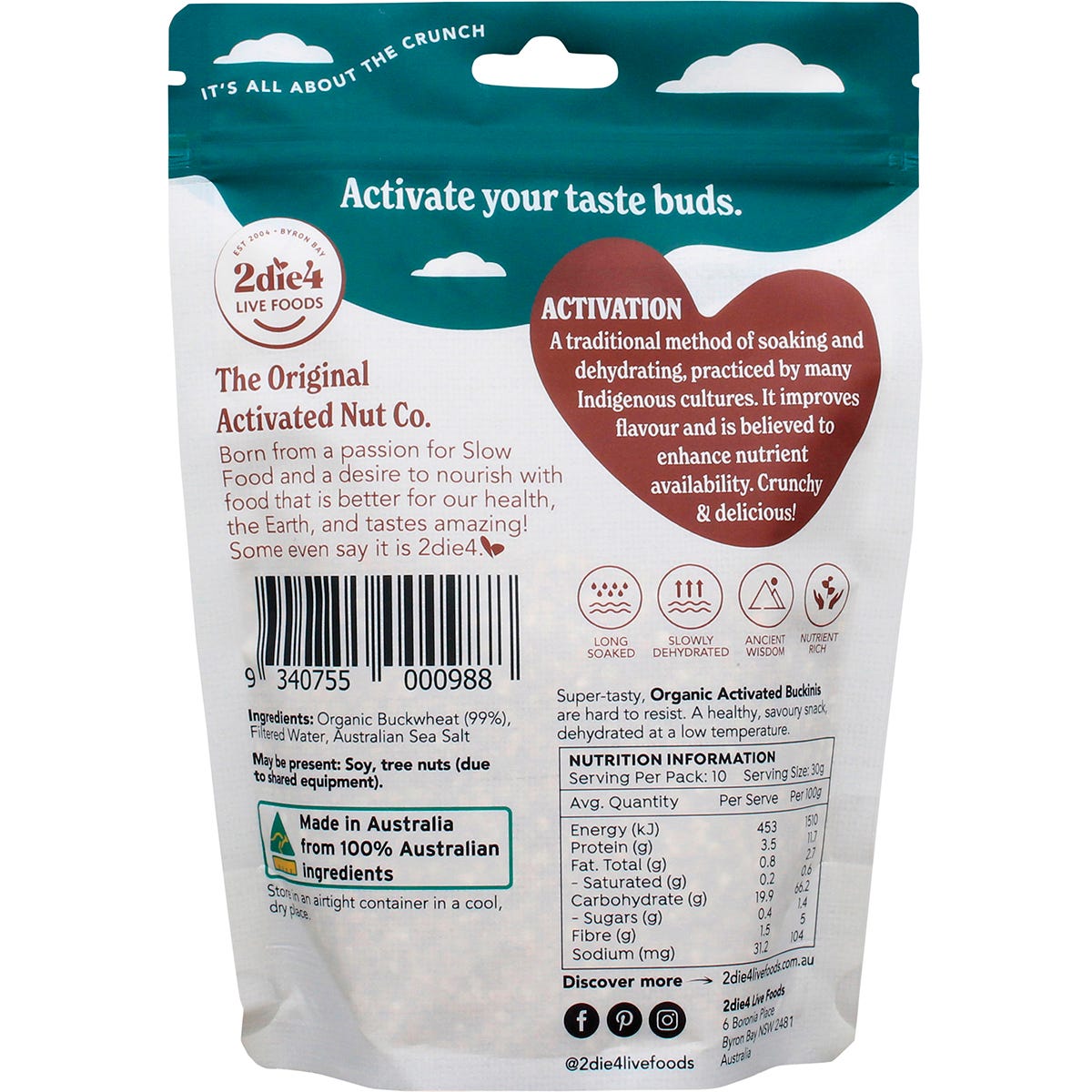 A 300g bag of 2die4 Live Foods Organic Activated Buckinis showing the back of the packaging with nutritional information.