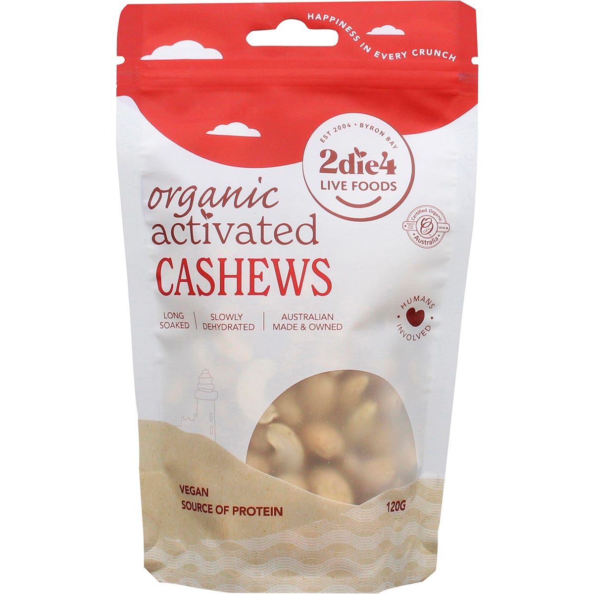 120g bag of 2die4 Live Foods Organic Activated Cashews on a white background with a green and white label.