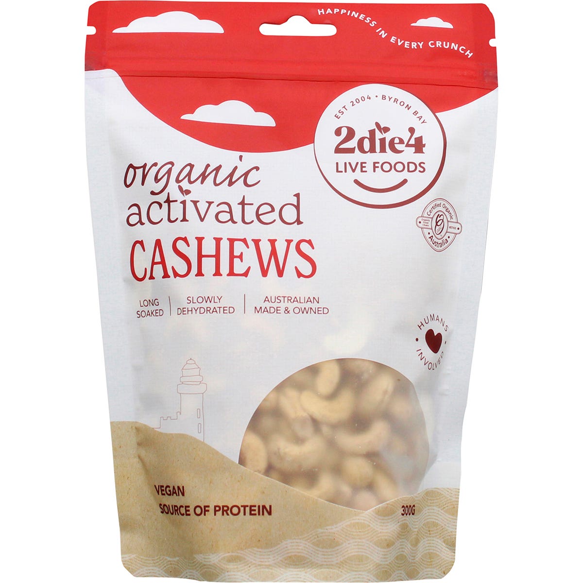 300g bag of 2die4 Live Foods Organic Activated Cashews on a white background.