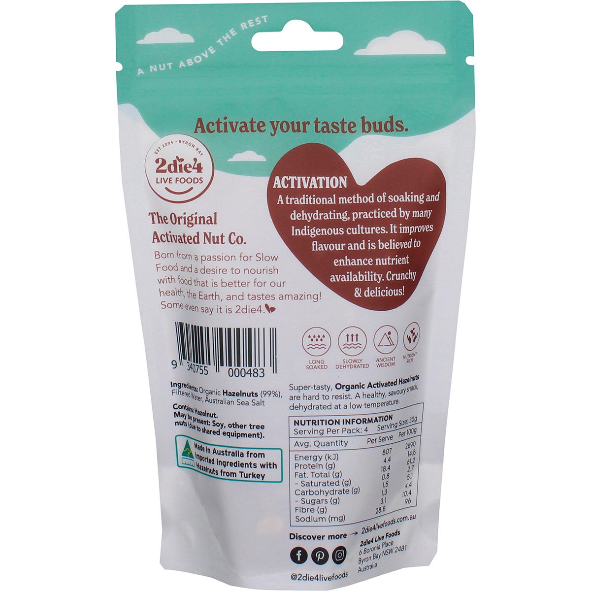 120g bag of 2die4 Live Foods Organic Activated Hazelnuts showing back label with nutrition and ingredients.