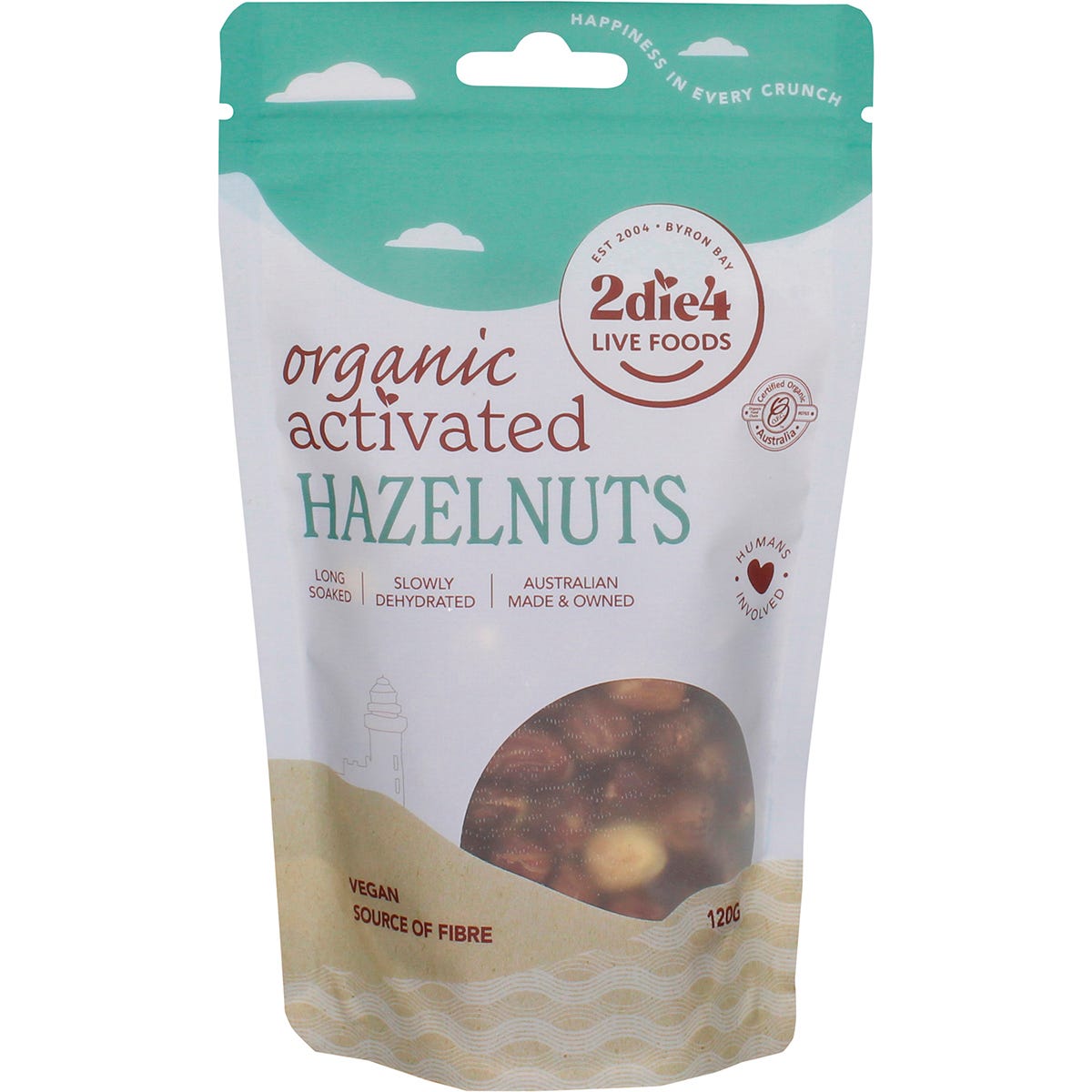 120g bag of 2die4 Live Foods Organic Activated Hazelnuts showing the front label and natural nuts inside.