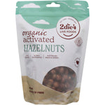 300g bag of 2die4 Live Foods Organic Activated Hazelnuts featuring a transparent window and organic certification logos.