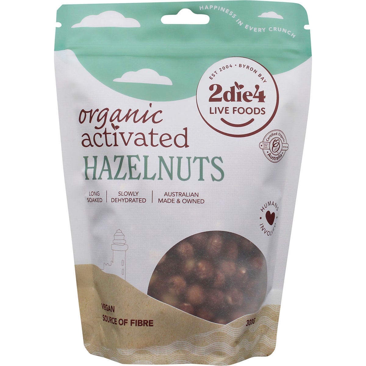 300g bag of 2die4 Live Foods Organic Activated Hazelnuts featuring a transparent window and organic certification logos.