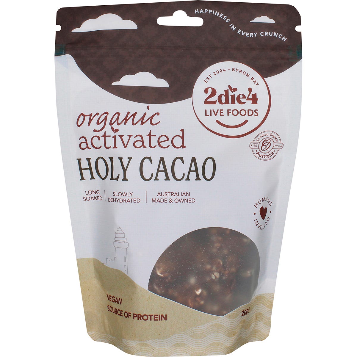 2die4 Live Foods 200g bag of Organic Activated Holy Cacao Granola Clusters featuring a cacao-covered nut and seed mix.