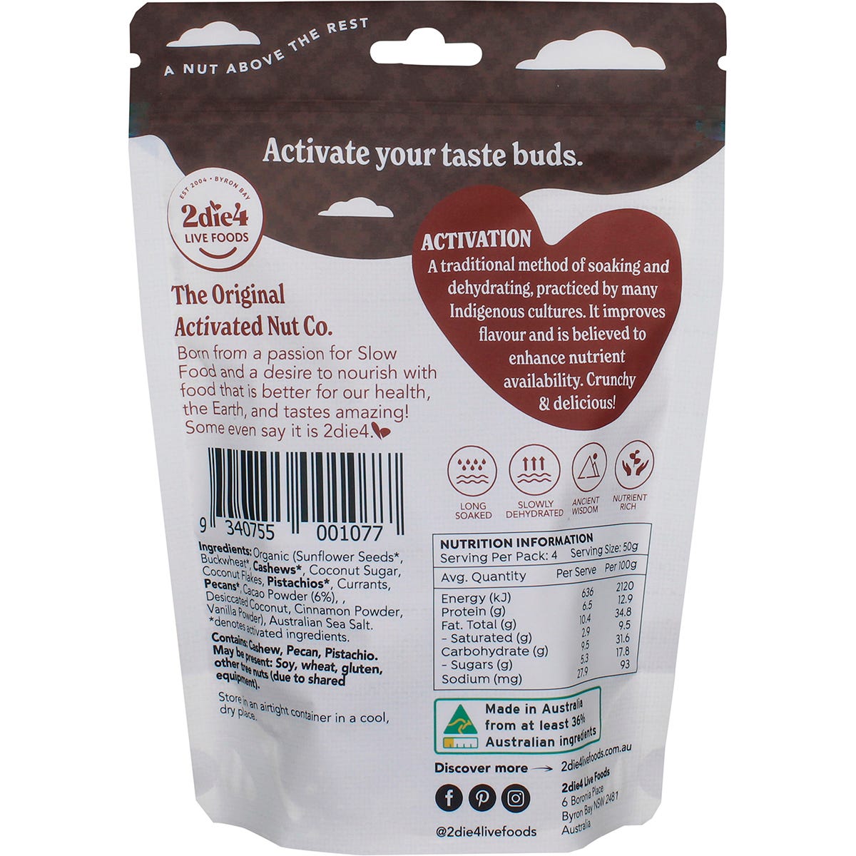 Bag of 2die4 Live Foods Organic Activated Holy Cacao Granola Clusters shown on a white background.