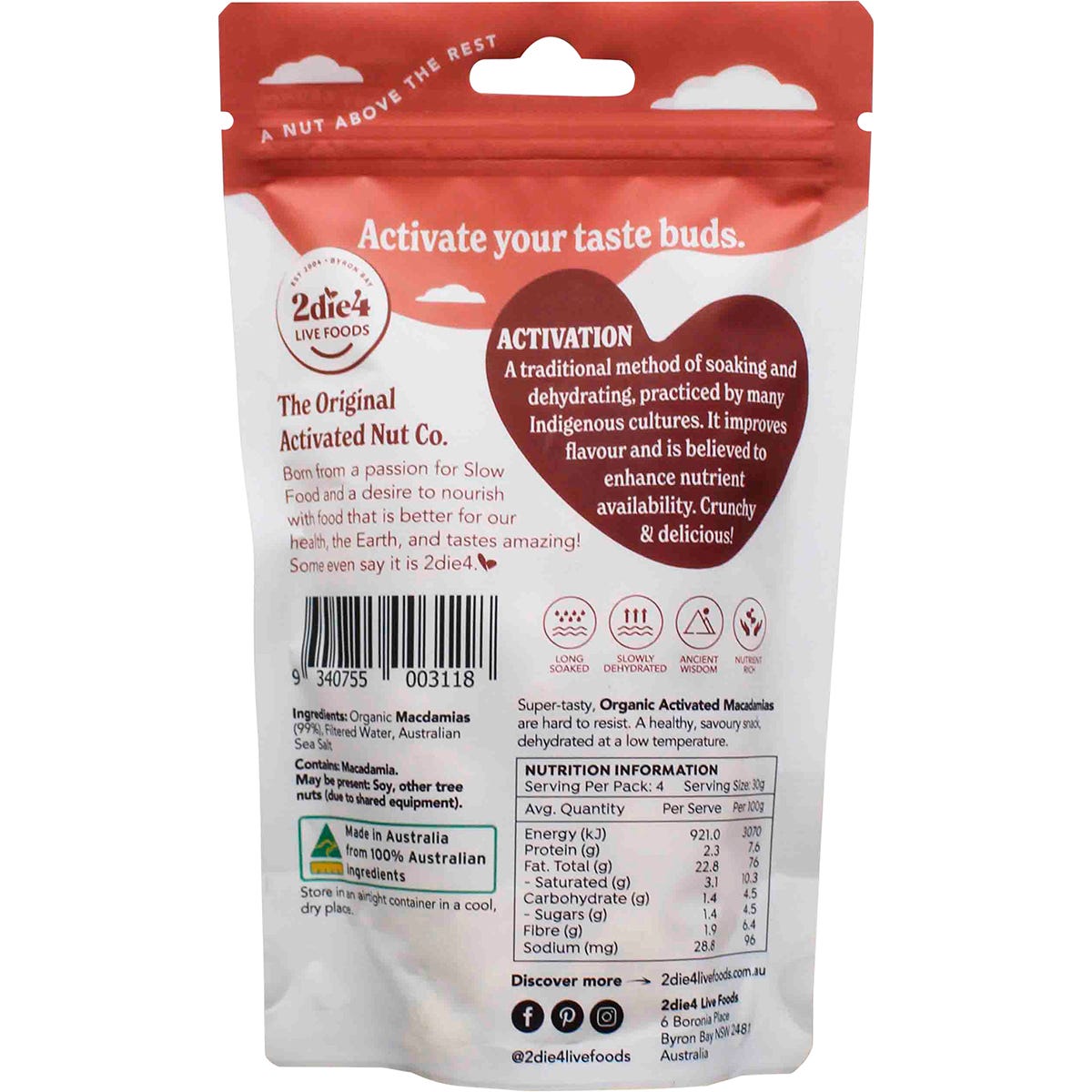2die4 Live Foods Organic Activated Macadamias 120g Payless 4 Organics