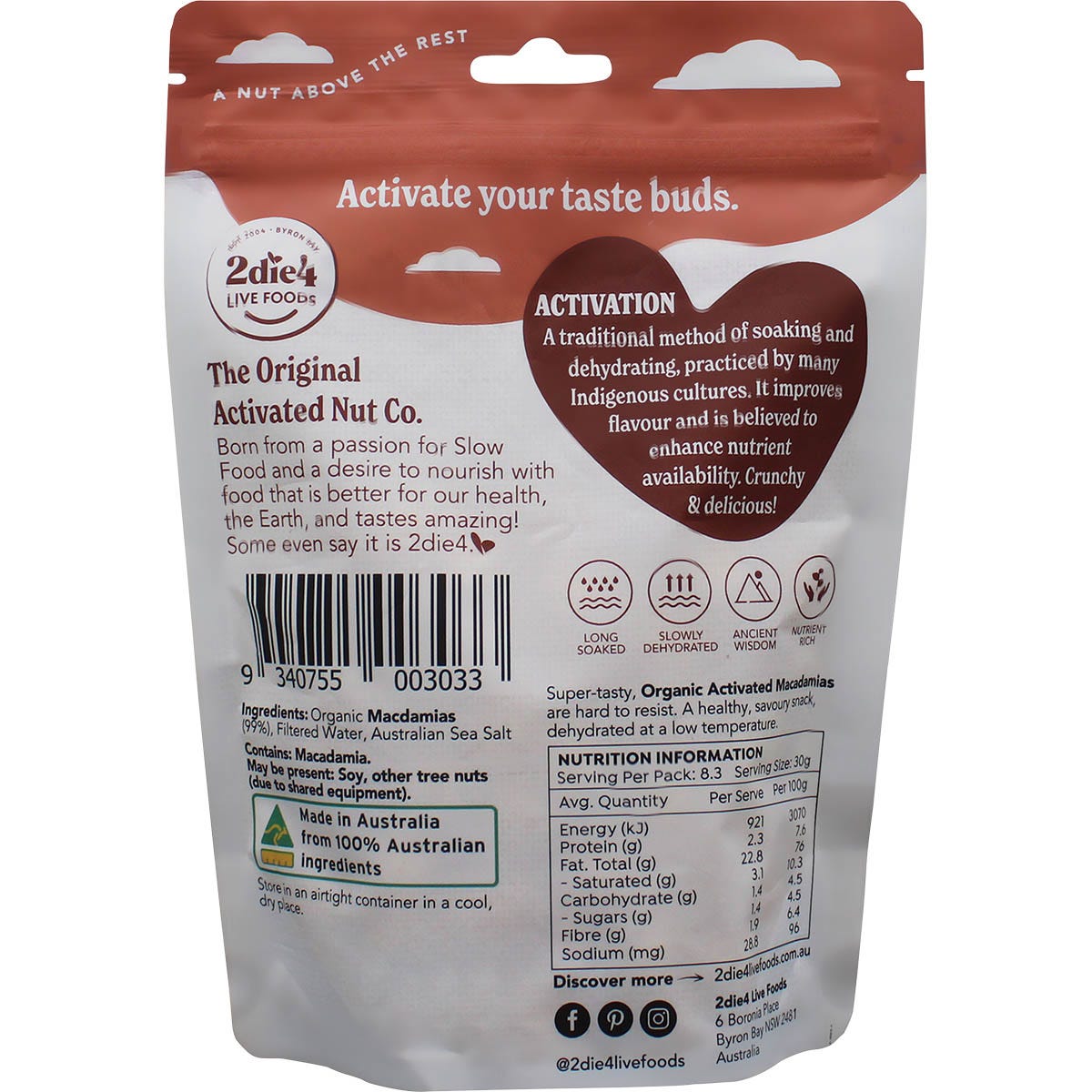 2die4 Live Foods Organic Activated Macadamias 250g Payless 4 Organics