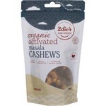 120g bag of 2die4 Live Foods Organic Activated Masala Cashews with a yellow label and illustrated botanical elements.