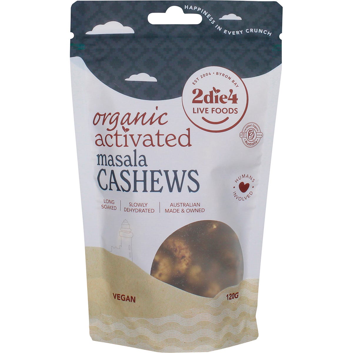 120g bag of 2die4 Live Foods Organic Activated Masala Cashews with a yellow label and illustrated botanical elements.