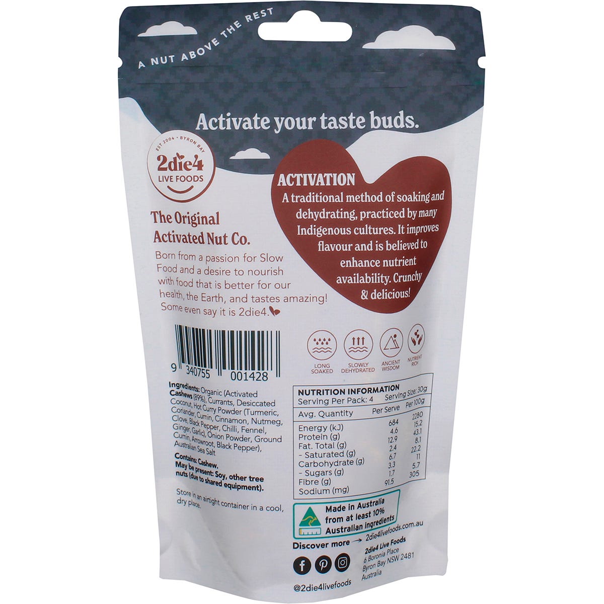 2die4 Live Foods Organic Activated Masala Cashews 120g Payless 4 Organics