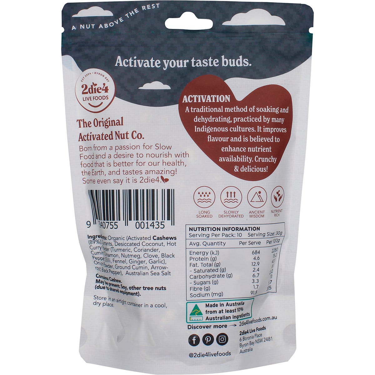 Bag of 2die4 Live Foods Organic Activated Masala Cashews 300g against a white background.