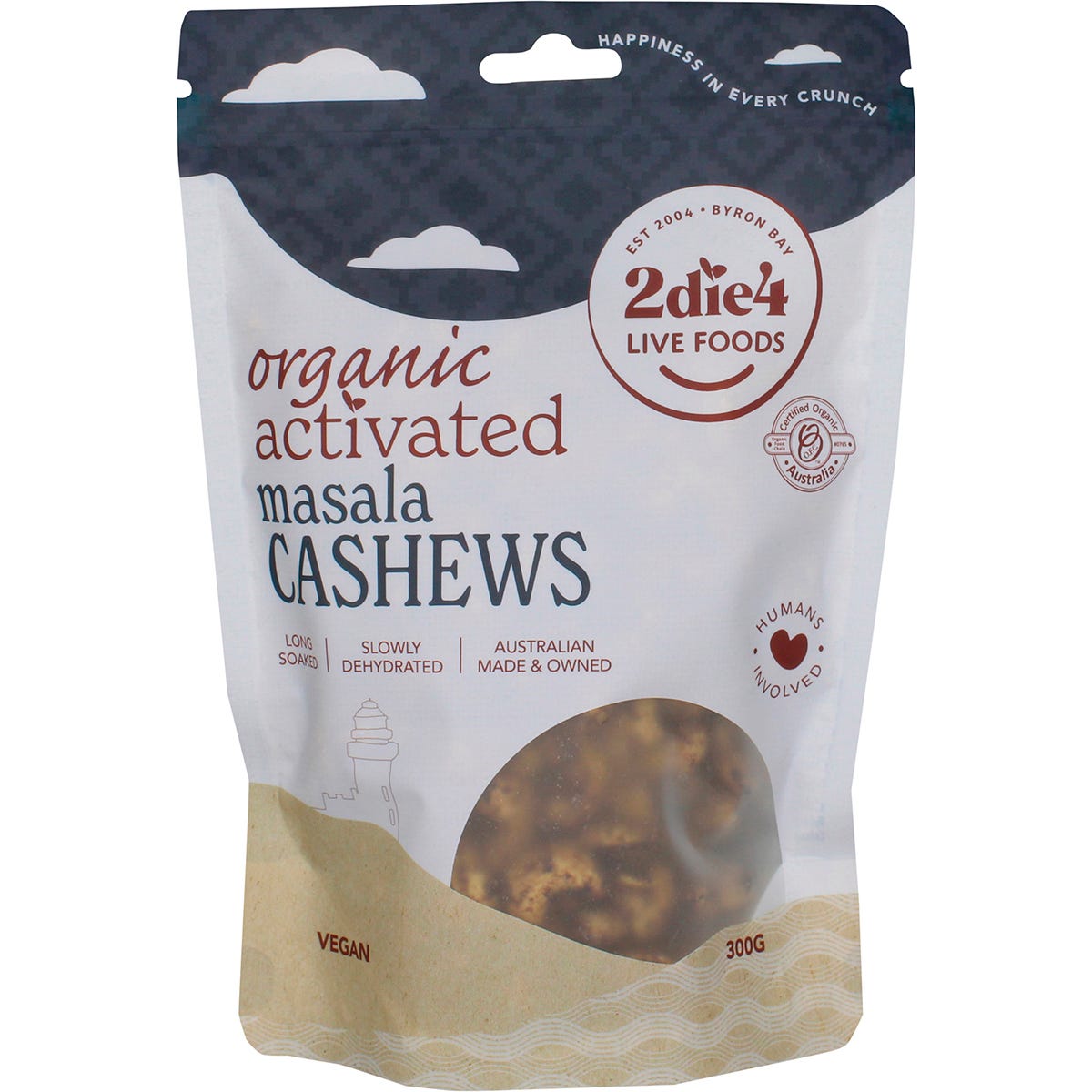 300g bag of 2die4 Live Foods Organic Activated Masala Cashews featuring a dark label with yellow and white text.