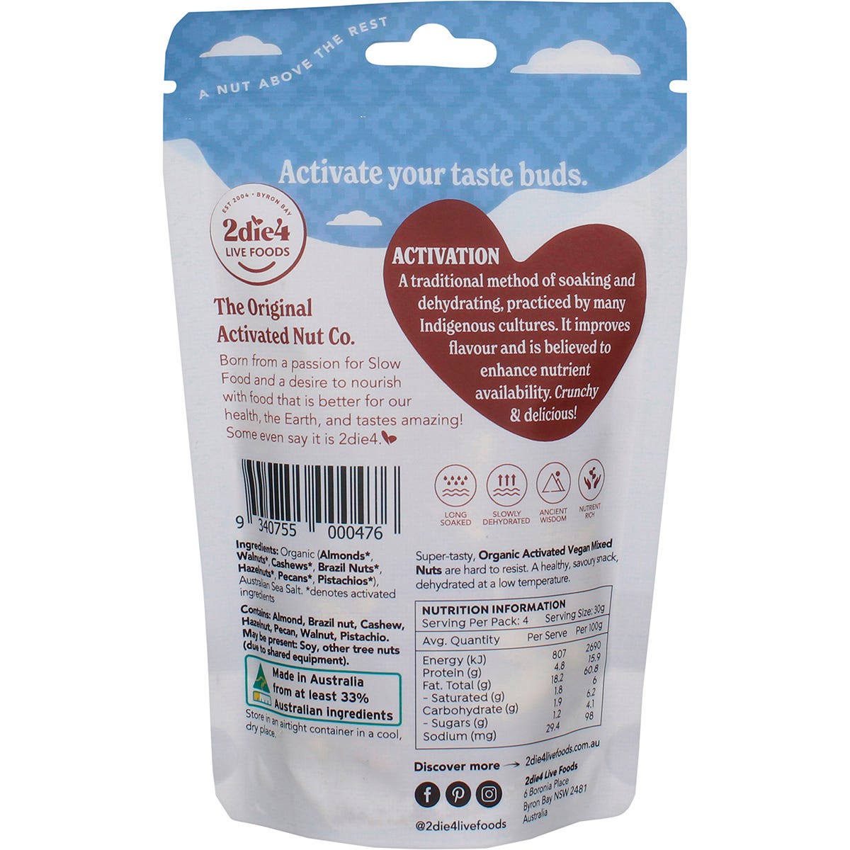 120g bag of 2die4 Live Foods Organic Activated Mixed Nuts Vegan on a white background.