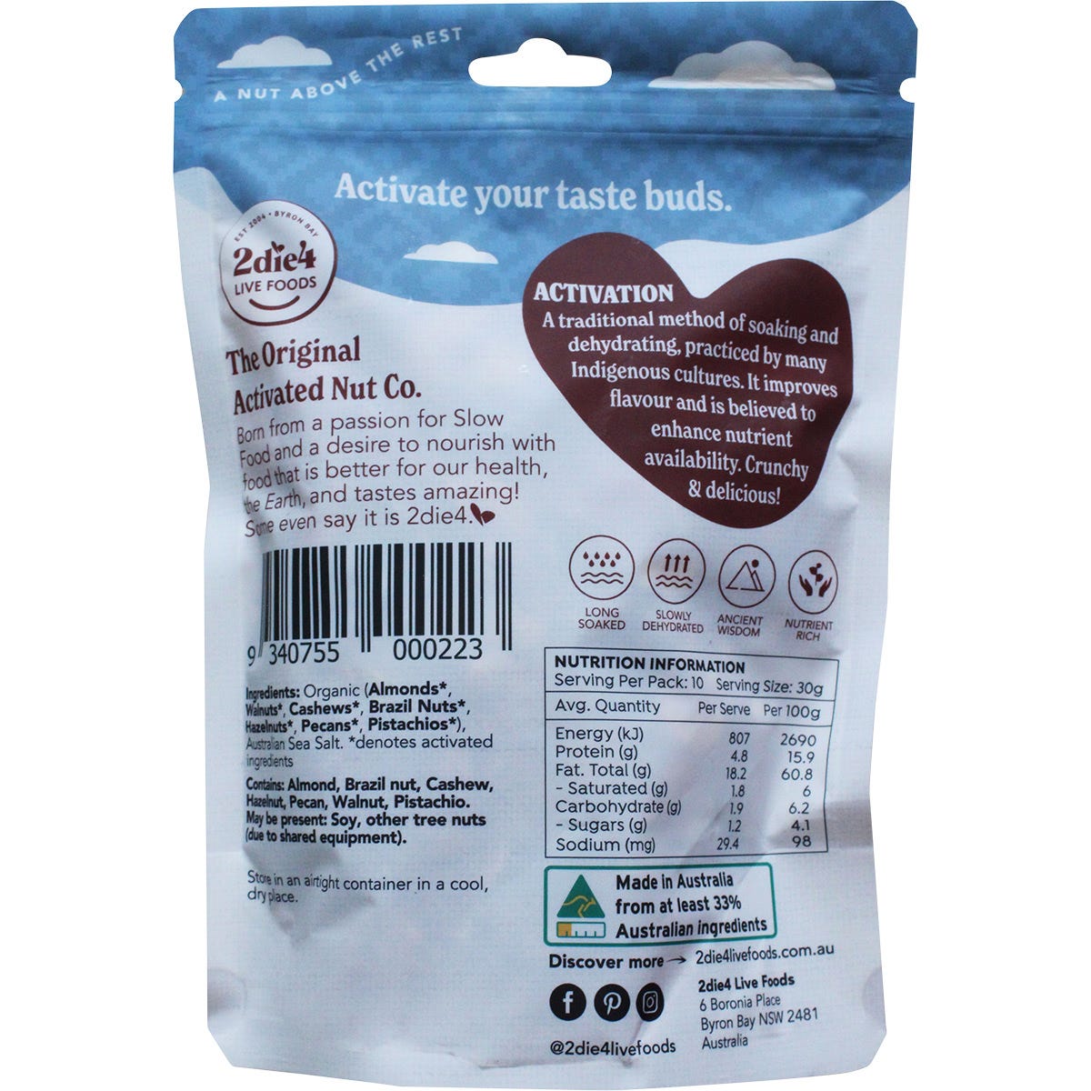 Back of a 300g bag of 2die4 Organic Activated Mixed Nuts showing nutritional information and ingredients.